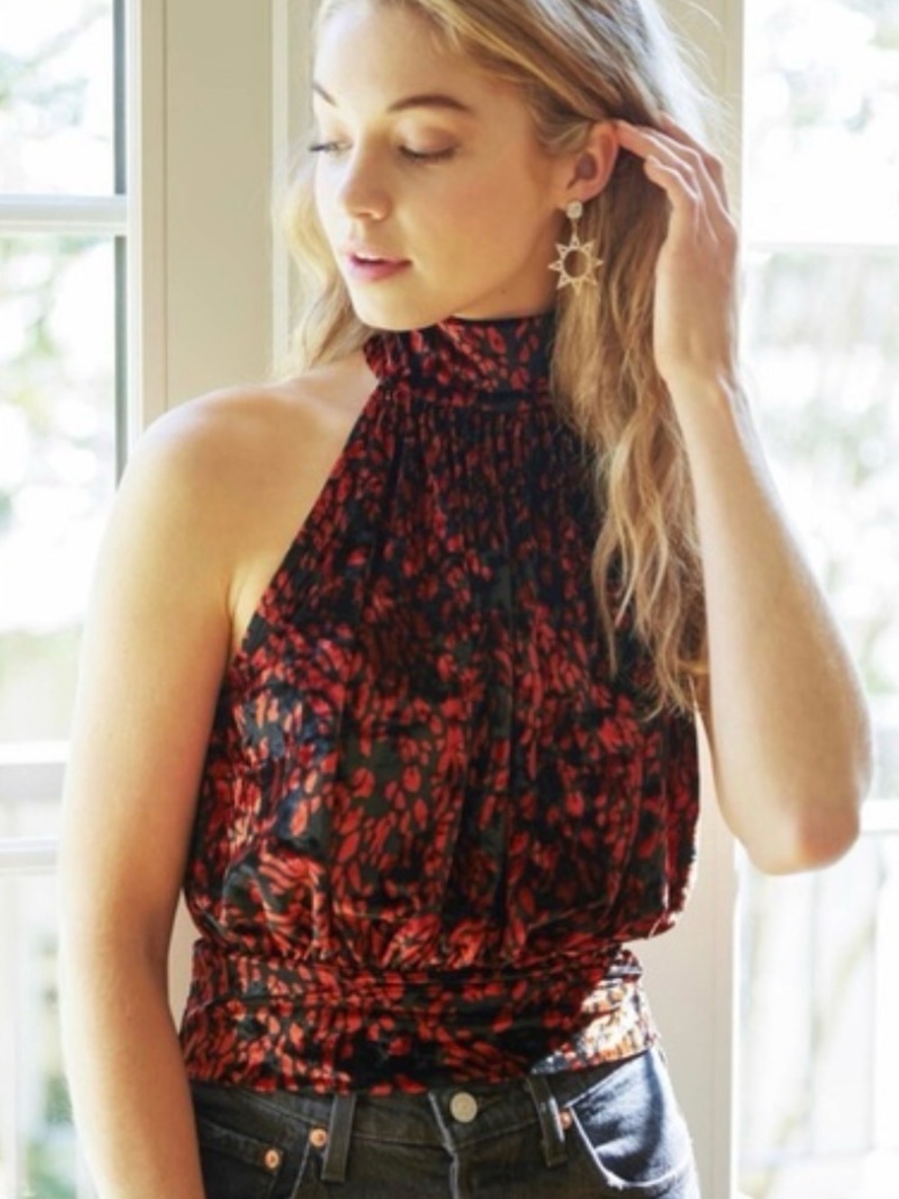 Free People Take a Break Halter Top Velvet Burnout Red Black High Neckline Sz XS